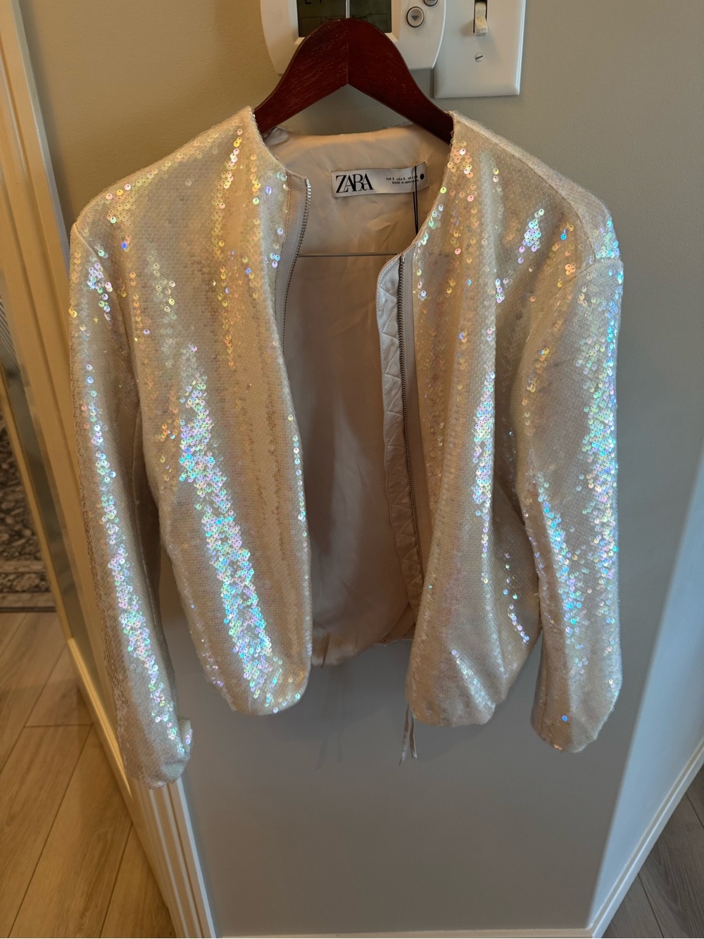 Zara Iridescent Sequin Bomber Jacket - Cream with Holographic Sheen